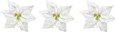 3x stuks decoratie bloemen kerststerren wit glitter op clip 20 cm - Decoratiebloemen/kerstboomversiering/kerstversiering