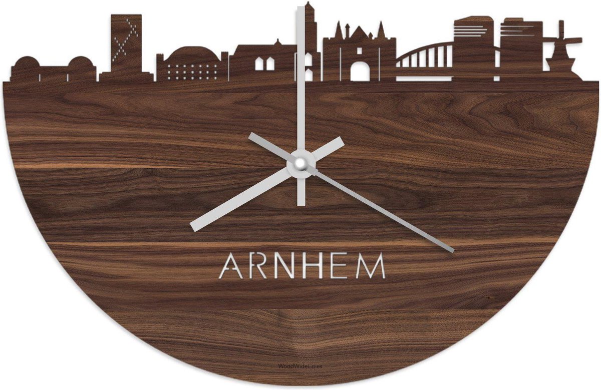 Skyline Klok Arnhem Notenhout - Ø 40 cm - Stil uurwerk - Wanddecoratie - Meer steden beschikbaar - Woonkamer idee - Woondecoratie - City Art - Steden kunst - Cadeau voor hem - Cadeau voor haar - Jubileum - Trouwerij - Housewarming - WoodWideCities