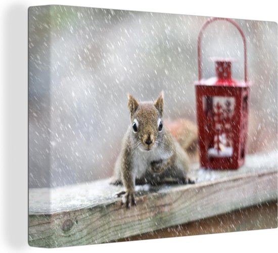 Peintures sur toile - Un écureuil à la recherche de noix en hiver - 120x90 cm - Décoration murale