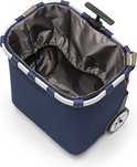 Binnenkant van een donkerblauwe boodschappentrolley met zilverkleurig frame en grijze binnenvoering met trekkoord.