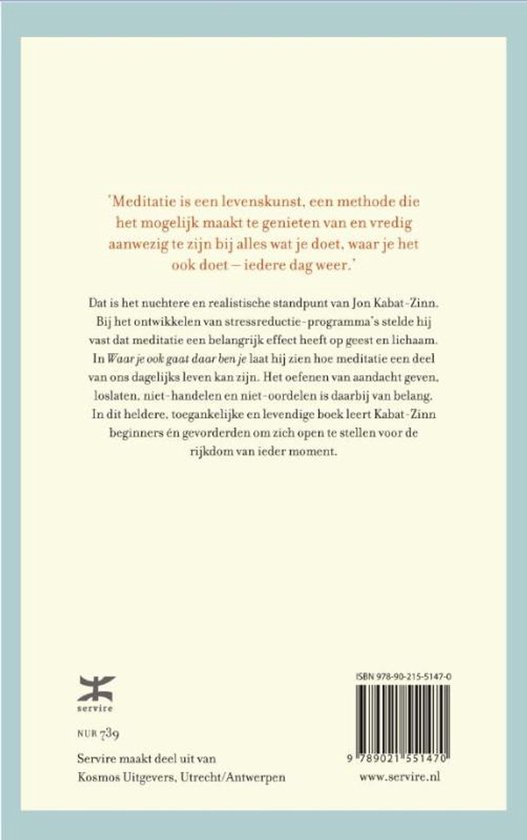 Achterkant van een boek met tekst over meditatie en de auteur Jon Kabat-Zinn.