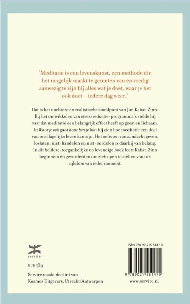 Achterkant van een boek met tekst over meditatie en de auteur Jon Kabat-Zinn.
