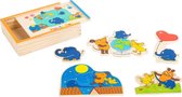 Houten puzzelbox met de kleine olifant en de muis - 5 puzzeltjes - Kinderpuzzel 2 jaar