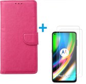 Motorola Moto G9 Plus - Bookcase Roze - portemonee hoesje met 2 stuks Glas Screen protector