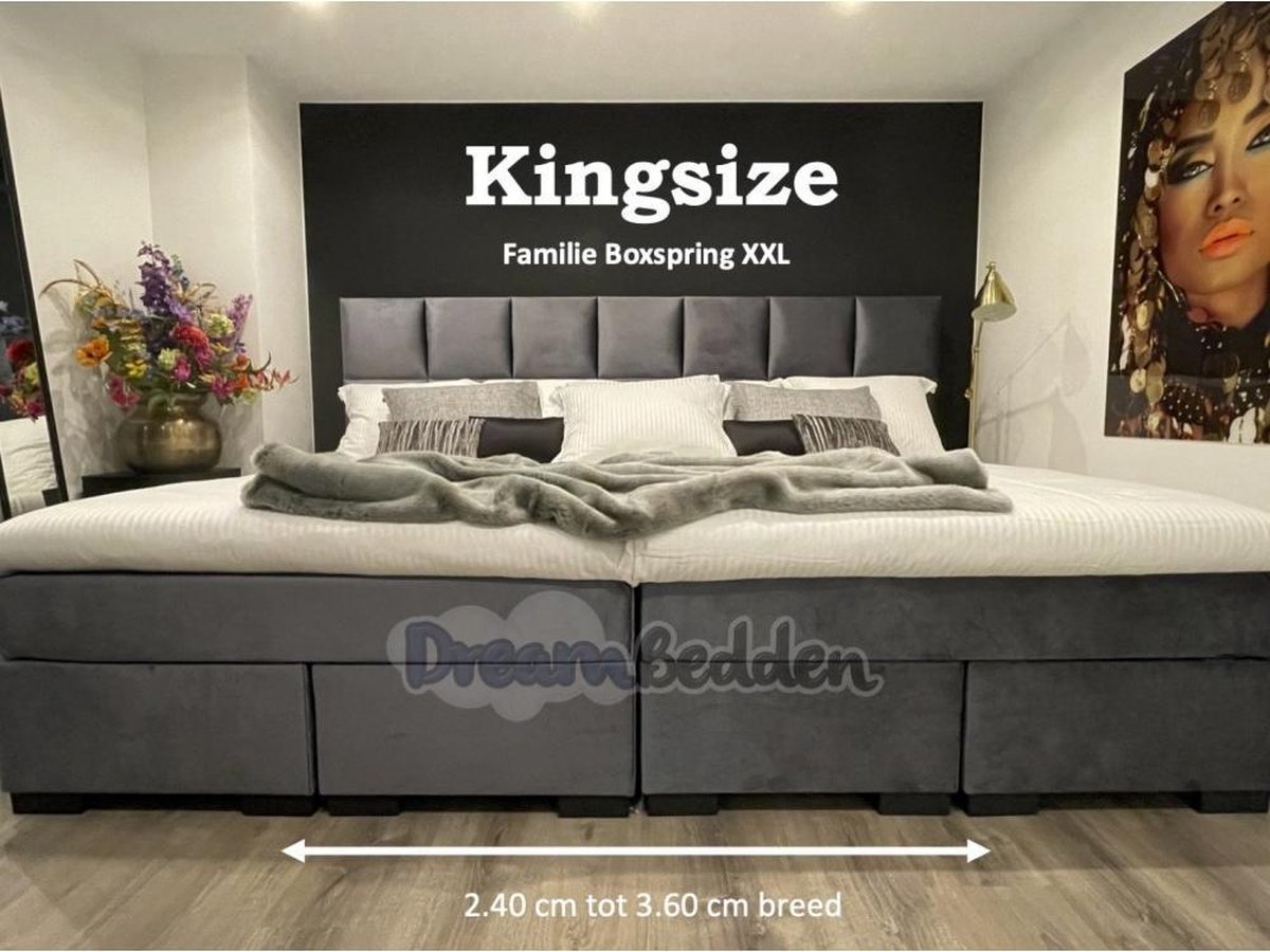 dreambedden Familie Boxspring XXL 320x210 Incl 7-zones pocketvering Matrassen en Hotel Toppers KINGSIZE Bravo grijs