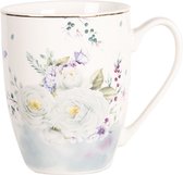 Clayre & Eef Mug 360 ml Blanc Bleu Porcelaine Rond Fleurs Tasse à thé