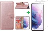 Samsung S21 hoesje bookcase Rose Goud - Samsung Galaxy s21 hoesje bookcase wallet case portemonnee book case hoes cover hoesjes met 2 stuks Screenprotector