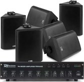 Geluidsinstallatie - Complete geluidsinstallatie met 6 zwarte speakers (in- en outdoor) en versterker