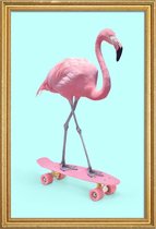 JUNIQE - Poster met houten lijst Skate Flamingo -40x60 /Blauw & Roze