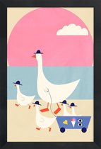 JUNIQE - Poster in houten lijst Geese on Vacation -60x90 /Blauw & Roze