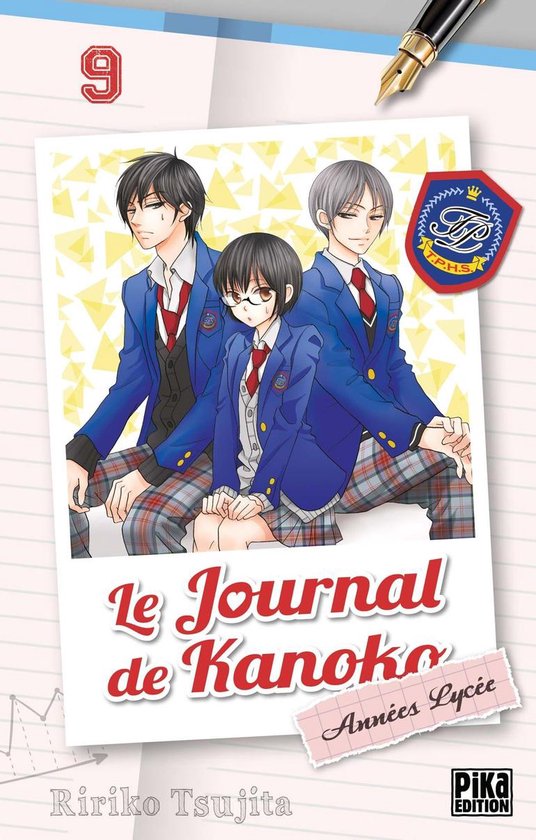 Couverture du manga Le Journal de Kanoko 9, avec trois lycéens en uniforme bleu et pantalon à carreaux sur fond jaune.