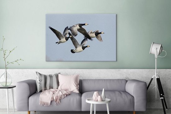 Quatre oies dans l'air Toile 120x80 cm - Tirage photo sur toile (Décoration murale salon / chambre) / Peintures sur toile Animaux