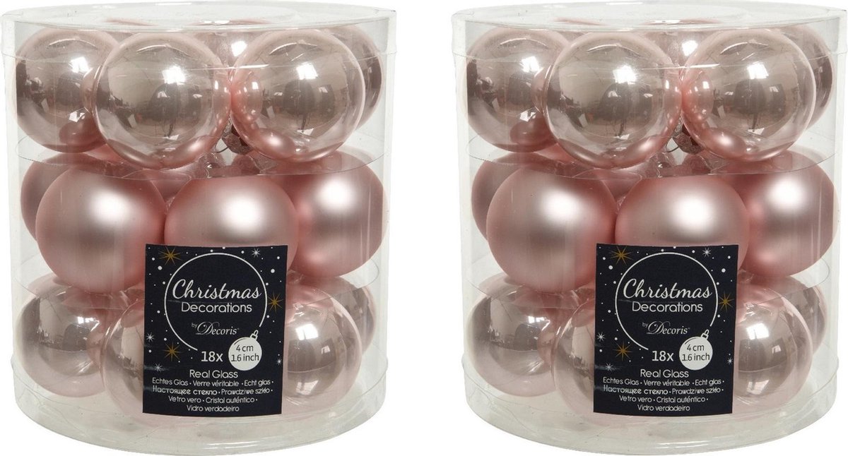 54x stuks kleine kerstballen lichtroze (blush) van glas 4 cm - mat/glans - Kerstboomversiering