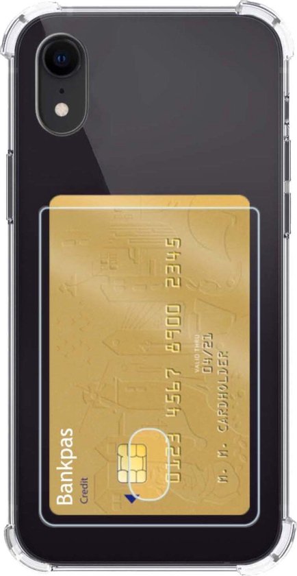 Coque de téléphone transparente avec une carte bancaire dorée dans un porte-cartes.