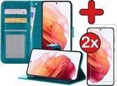 Hoesje Geschikt voor Samsung S21 Hoesje Book Case Hoes Portemonnee Cover Walletcase Met 2x Screenprotector - Hoes Geschikt voor Samsung Galaxy S21 Hoes Bookcase Hoesje - Turquoise