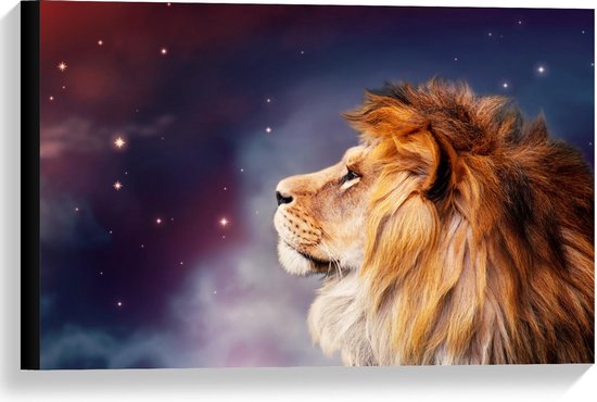 Canvas  - Zijaanzicht van Leeuw met Achtergrond van de Nacht - 60x40cm Foto op Canvas Schilderij (Wanddecoratie op Canvas)