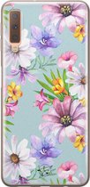 Samsung Galaxy A7 2018 siliconen hoesje - Mint bloemen - Soft Case Telefoonhoesje - Blauw - Bloemen