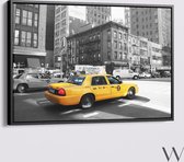 New York zwart-wit met taxi - Foto Prent Canvas Schilderijen (Wanddecoratie woonkamer / slaapkamer) -