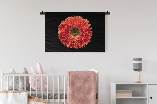 Tapisserie Plantes sur fond noir - Une fleur de gerbera orange sur fond noir Tapisserie en coton 90x60 cm - Tapisserie avec photo