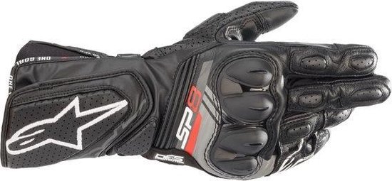 Zwarte Alpinestars SP-8 V3 motorhandschoen met rode en grijze accenten, perforaties en beschermende knokkels.