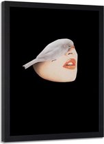 Foto in frame , Half vrouwen gezicht met vogel ,70x100cm , wit beige , wanddecoratie