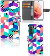 Wallet Book Case Samsung Galaxy S21 GSM Hoesje Gepersonaliseerd Cadeau Blocks Colorful