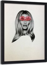 Foto in frame , Vrouw met rozen op haar ogen ,70x100cm , grijs roze , wanddecoratie