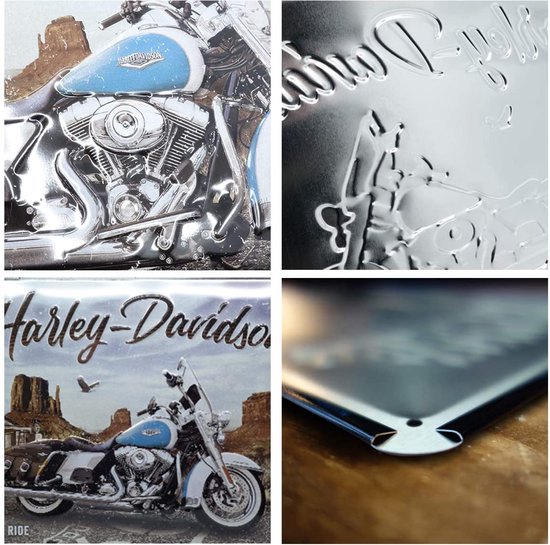 Collage van afbeeldingen van een Harley-Davidson metalen bord, inclusief close-ups van de motor en de rand.