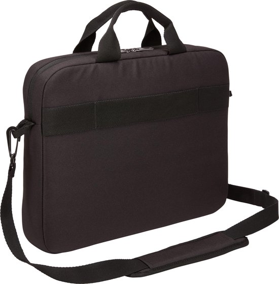 Zwarte laptoptas met handvatten en afneembare schouderband.