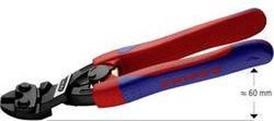 Metaalkniptang met rode en blauwe handvatten, 20 graden gebogen kop, met afmeting 60 mm.