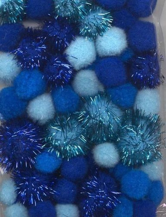 Mix PomPom Set blauw inclusief glitter 50 Stuks 2 cm. 2.5 cm. 3.5 centimeter