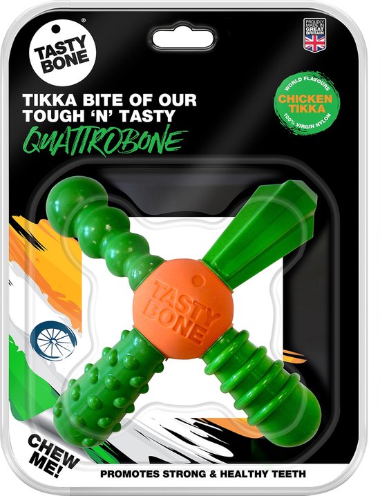 Verpakking van het Tasty Bone Quattro Bone kauwspeeltje, met de tekst 'Chicken Tikka' en 'Chew Me!'.