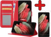 Hoesje Geschikt voor Samsung S21 Ultra Hoesje Book Case Hoes Portemonnee Cover Walletcase Met Screenprotector - Hoes Geschikt voor Samsung Galaxy S21 Ultra Hoes Bookcase Hoesje - Rood