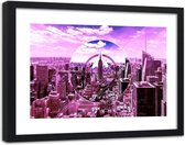 Foto in frame , Wolkenkrabbers door een Roze lens ,120x80cm , roze , wanddecoratie