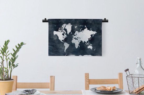 Wandkleed WereldkaartenKerst illustraties - Lichtblauwe en witte wereldkaart voor een achtergrond van donkerblauwe waterverf Wandkleed katoen 60x40 cm - Wandtapijt met foto