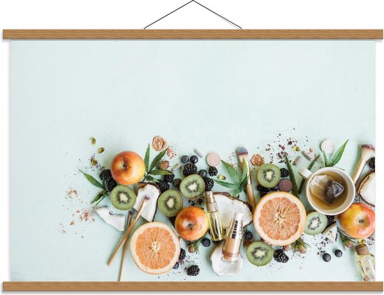 Schoolplaat – Make-up bij Fruit op Lichtblauwe Achtergrond - 90x60cm Foto op Textielposter (Wanddecoratie op Schoolplaat)