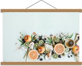 Schoolplaat – Make-up bij Fruit op Lichtblauwe Achtergrond - 60x40cm Foto op Textielposter (Wanddecoratie op Schoolplaat)