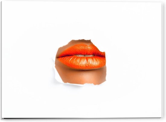 Acrylglas - Fel Oranje Lippen door Muur - 40x30cm Foto op Acrylglas (Met Ophangsysteem)