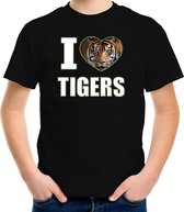 I love tigers t-shirt met dieren foto van een tijger zwart voor kinderen - cadeau shirt tijgers liefhebber M (134-140)