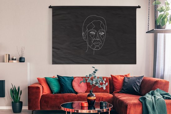 Wandkleed Line-art Vrouwengezicht - 16 - Line-art voorkant vrouwengezicht op een zwarte achtergrond Wandkleed katoen 180x120 cm - Wandtapijt met foto XXL / Groot formaat!