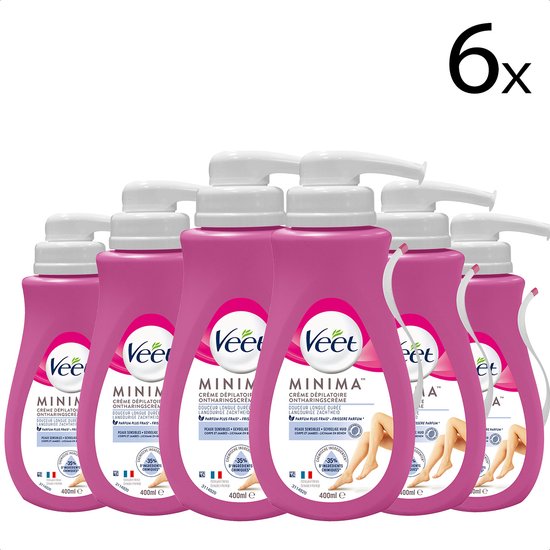 Voordeelverpakking van zes flessen Veet Minima ontharingscrème met pompdispenser, roze, 400 ml.