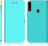 Voor Galaxy A20s geÃ¯miteerd spiegelend oppervlak Horizontale flip lederen tas met houder & kaartsleuven & portemonnee en lanyard (mintgroen)