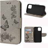 Voor iPhone 12 Vintage reliÃ«f bloemen vlinder patroon horizontale flip lederen tas met kaartsleuf & houder & portemonnee & lanyard (grijs)