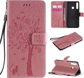 Voor Huawei Y6p Tree & Cat reliÃ«fpatroon Horizontale flip lederen tas met houder & kaartsleuven & portemonnee & draagkoord (roze)