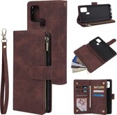 Voor Samsung Galaxy A21s multifunctionele horizontale flip lederen tas, met kaartsleuf en houder & rits portemonnee en fotolijst (koffie)