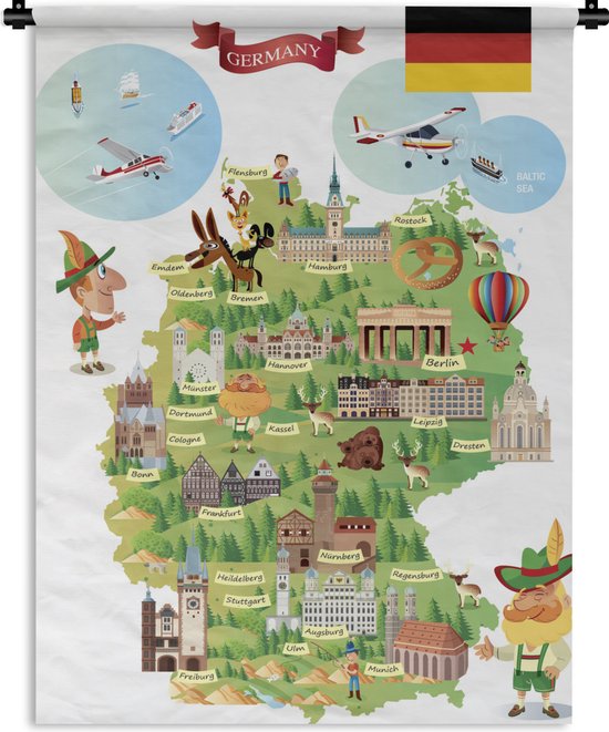 Wandkleed Kaart Duitsland - Geïllustreerde kaart van Duitsland Wandkleed  katoen... | bol.com