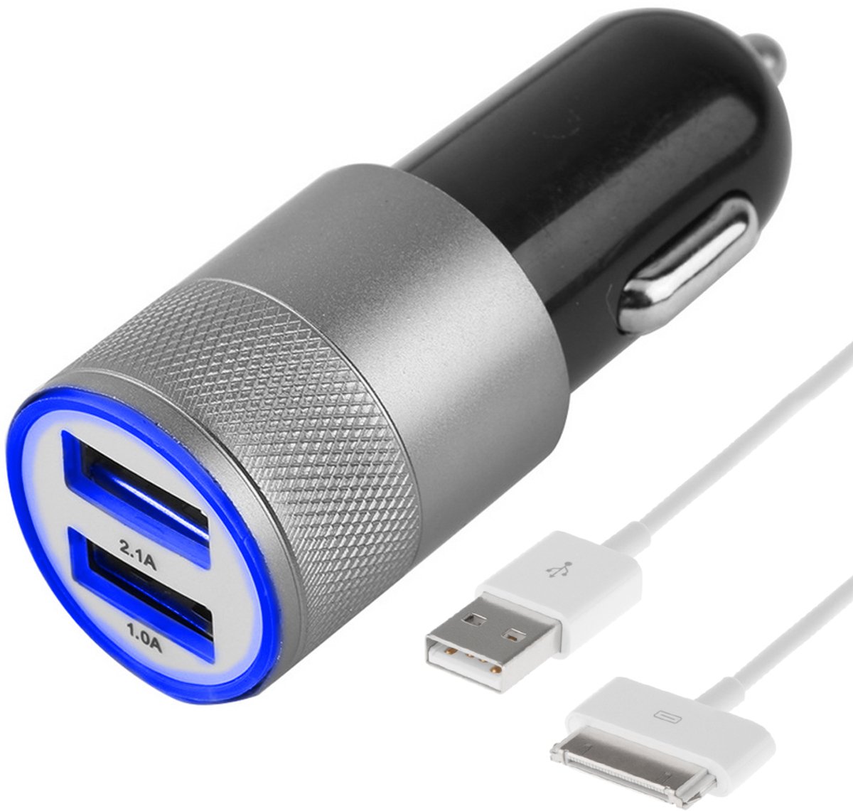 MMOBIEL High speed autolader oplaad adapter met 2 USB poorten 2.1A + 1.0A met een top kwaliteit 30 pins kabel voor Apple iPhone, iPad en iPod