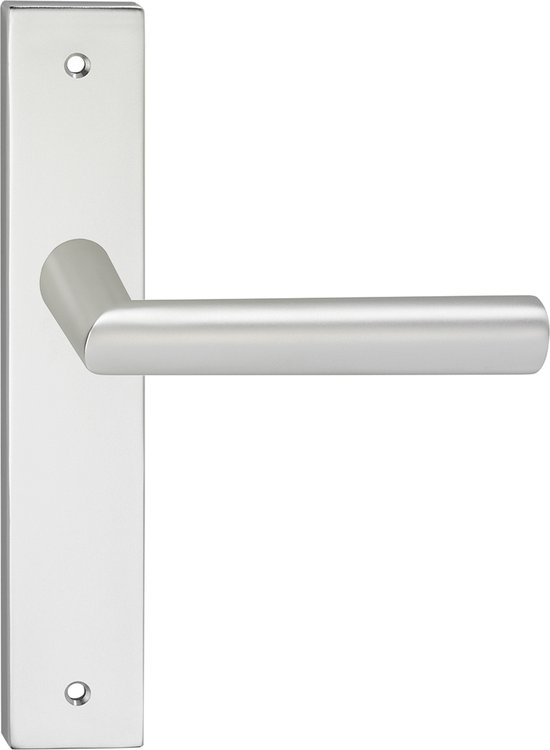 Zilverkleurige deurkruk met vierkant schild, geborsteld metaal.