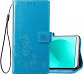 Lucky Clover geperst bloemenpatroon lederen tas voor OPPO A83, met houder & kaartsleuven & portemonnee & draagriem (blauw)