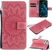 Voor iPhone 12 Pro Max Geperst Afdrukken Zonnebloempatroon Horizontale Flip PU Lederen Case Houder & Kaartsleuven & Portemonnee & Lanyard (Roze)